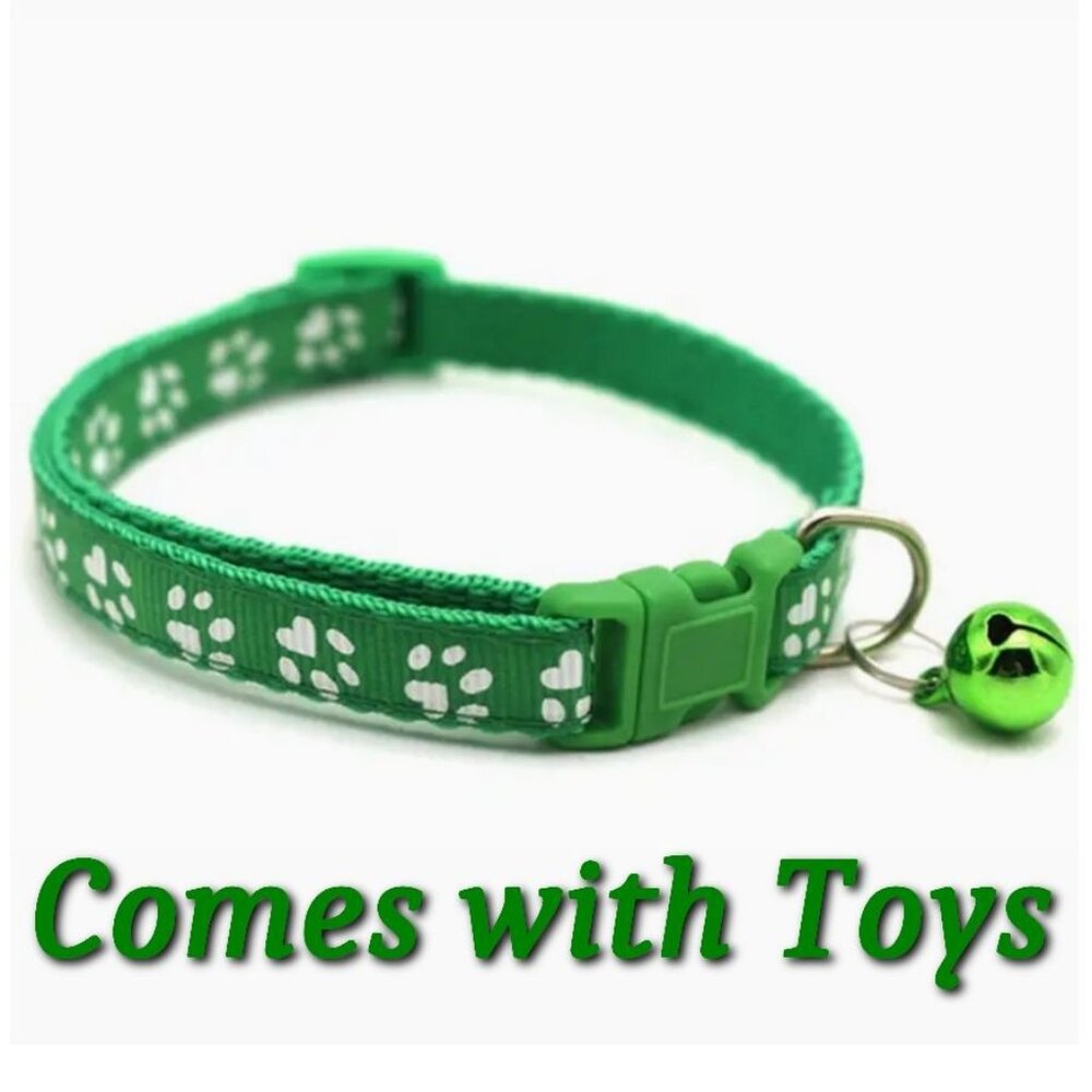 Sweet Heart Paw Print Green Cat Collar with Bell and Toys Gift Package
